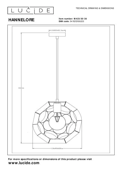 Lucide HANNELORE - Suspension - Ø 30 cm - 1xE27 - Noir - technique